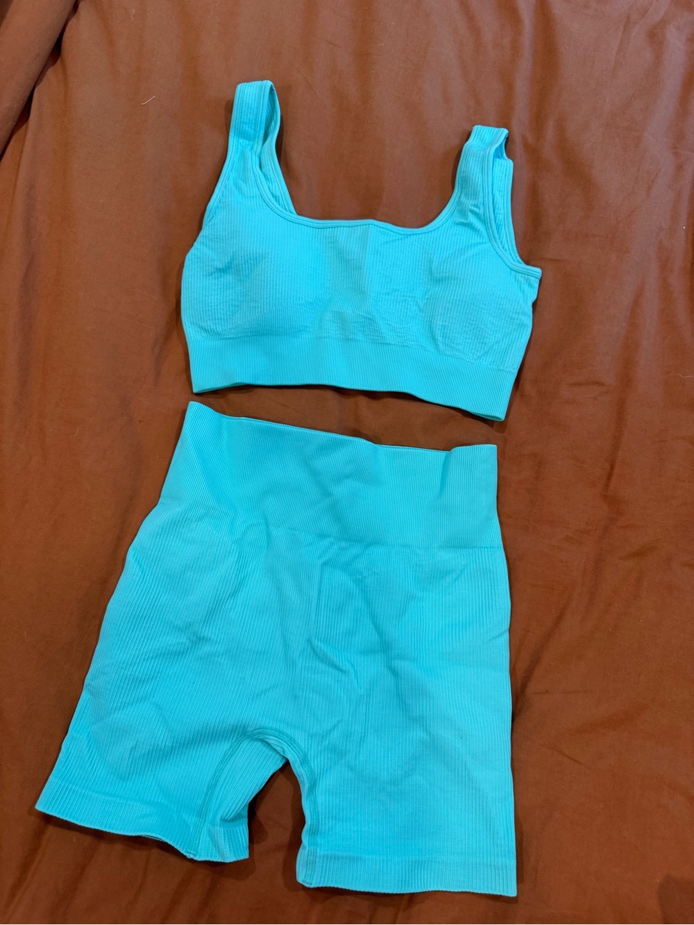 Workout Set Ribbed Crop Bralette & High-Waist Shorts Set - Mint Teal